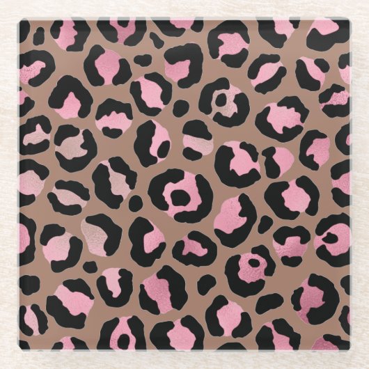 Chique mocha mousse, roze en zwart Leopard Print Glazen Onderzetter (Voorkant)