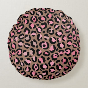 Chique mocha mousse, roze en zwart Leopard Print Rond Kussen