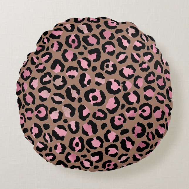 Chique mocha mousse, roze en zwart Leopard Print Rond Kussen (Voorkant)