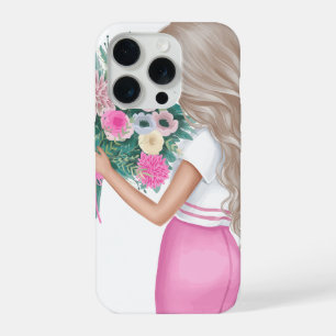 Chique Mode Meisje met Roze Bloemenboeket  iPhone 15 Pro Case