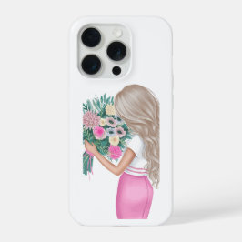 Chique Mode Meisje met Roze Bloemenboeket  iPhone 15 Pro Case