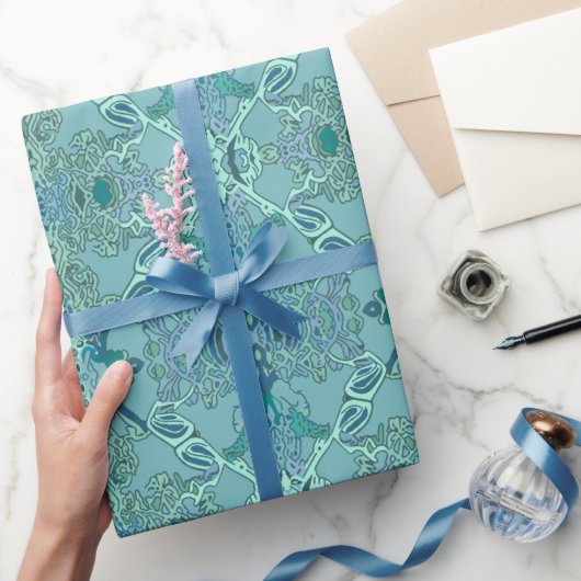 Chique Modern Barokpatroon in Blauw en Groen Cadeaupapier (Geschenken)