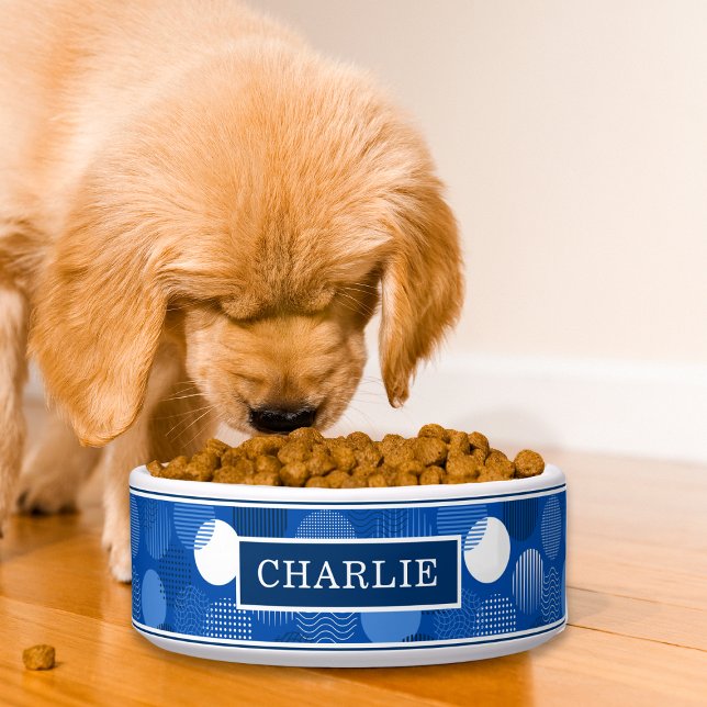 Chique Modern Blauw Wit Polka Dot Patroon Naam Voerbakje (Creator heeft geüpload)