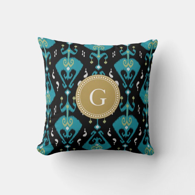 Chique modern blauwe ikat tribale patroon monogram kussen (Voorkant)