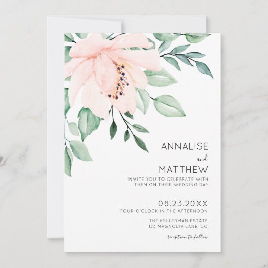 Chique Modern Blush Roze Waterverf Bloemen Bruilof Kaart (Voorkant)