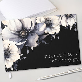 Chique Modern Floral Zwart Wit Bruiloft Gastenboek