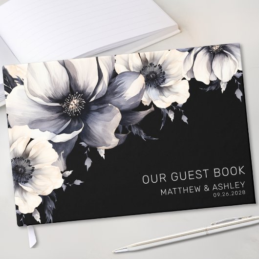 Chique Modern Floral Zwart Wit Bruiloft Gastenboek