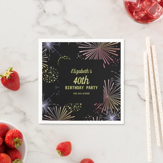 Chique Modern Kleurrijk Vuurwerk Zwart Verjaardag Servet (Insitu)