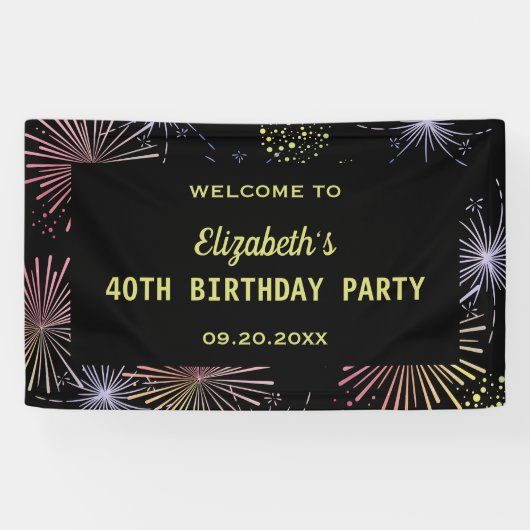 Chique Modern Kleurrijk Vuurwerk Zwart Verjaardag Spandoek (Horizontaal)