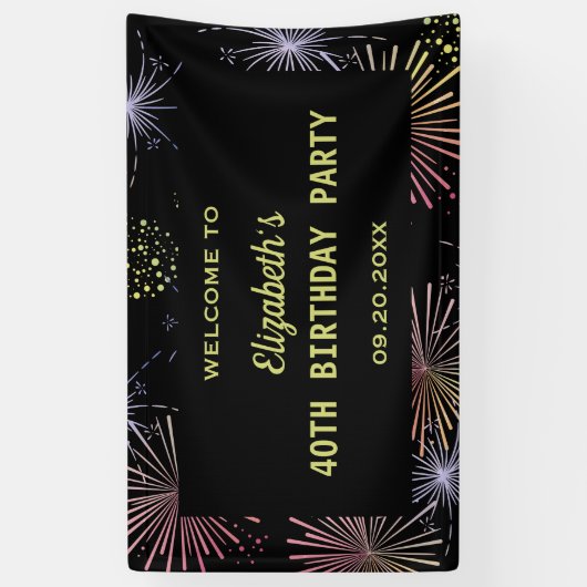 Chique Modern Kleurrijk Vuurwerk Zwart Verjaardag Spandoek (Verticaal)