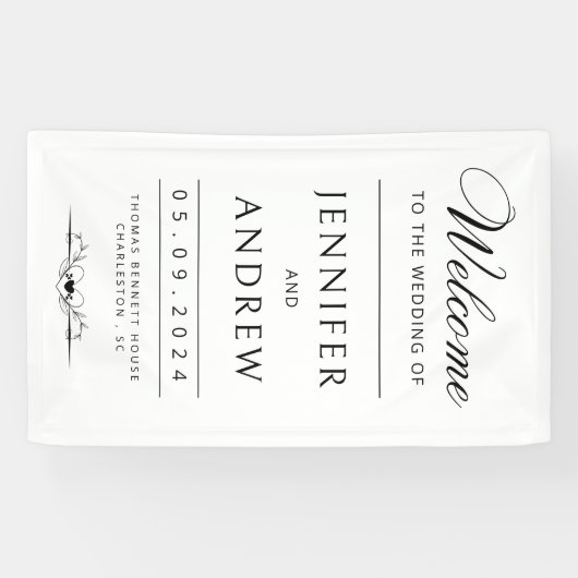 Chique, modern, minimale zwart-wit bruiloft spandoek (Horizontaal)