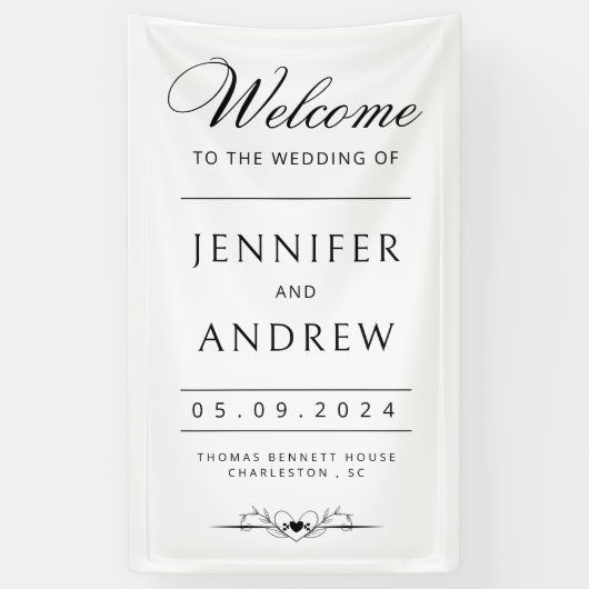 Chique, modern, minimale zwart-wit bruiloft spandoek (Verticaal)