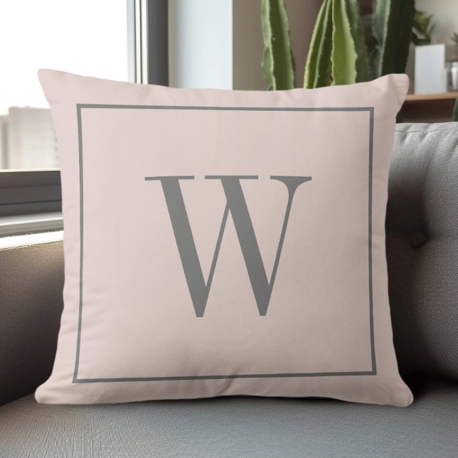 Chique Modern Monogram Initiaal Farmhouse Roze & G Kussen (Chic Modern Monogrammed Family Inital Farmhouse Pink & Gray Throw Pillow)