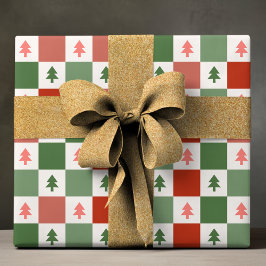 Chique Modern Rood Groen Checkerboard Kerstboom Cadeaupapier