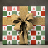 Chique Modern Rood Groen Checkerboard Kerstboom Cadeaupapier