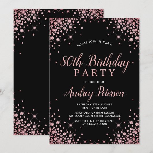 Chique Modern Roos Gouden Glitter Zwart 80ste Verj Kaart (Voorkant / Achterkant)