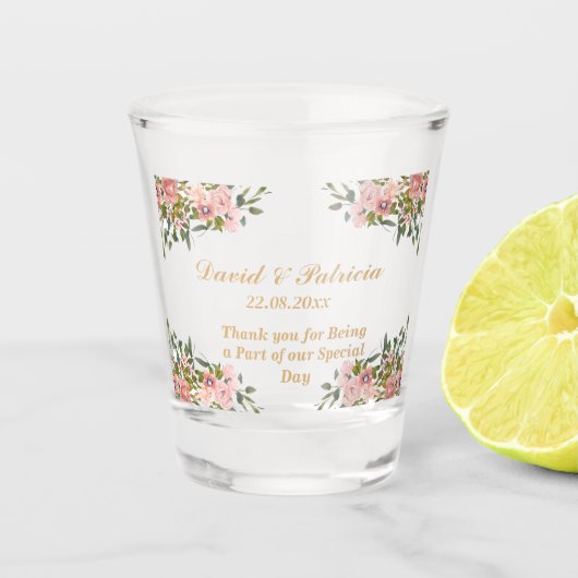 Chique Modern Roze Bloemen bruiloft gunsten voor g Shot Glas (Voorkant)