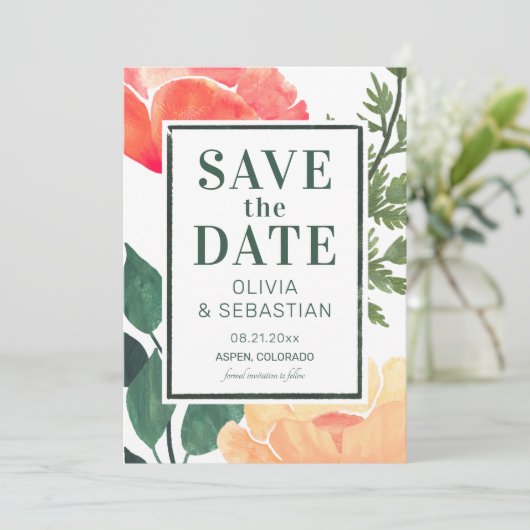 Chique Modern Roze Waterverf Bloemen Foto Bruiloft Save The Date (Staand voorkant)