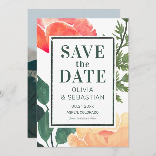 Chique Modern Roze Waterverf Bloemen Foto Bruiloft Save The Date (Voorkant / Achterkant)