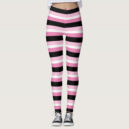 Chique Modern Roze, Zwart & Wit Strepen Leggings (Voorkant)