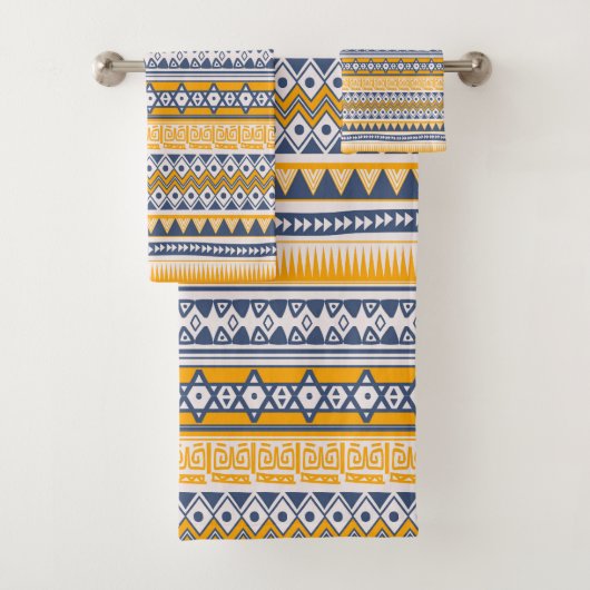 Chique modern tribal patroon saffraan marine blauw bad handdoek (Insitu)