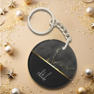 Chique modern Zwart grijs marmer goud monogram Sleutelhanger
