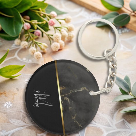 Chique modern Zwart grijs marmer goud monogram Sleutelhanger