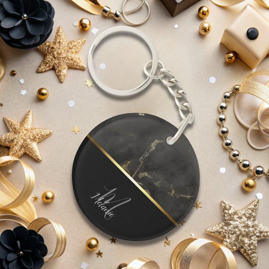 Chique modern Zwart grijs marmer goud monogram Sleutelhanger