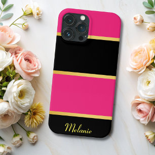 Chique Modern zwart roze strepen Patroon met naam Case-Mate iPhone Case