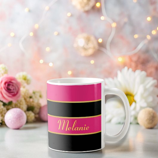 Chique Modern zwart roze strepen Patroon met naam Koffiemok