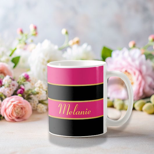 Chique Modern zwart roze strepen Patroon met naam Koffiemok
