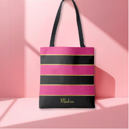 Chique Modern zwart roze strepen Patroon met naam Tote Bag