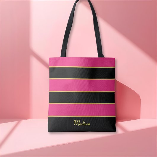 Chique Modern zwart roze strepen Patroon met naam Tote Bag