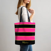 Chique Modern zwart roze strepen Patroon met naam Tote Bag