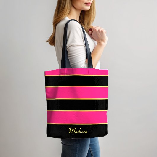 Chique Modern zwart roze strepen Patroon met naam Tote Bag