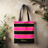 Chique Modern zwart roze strepen Patroon met naam Tote Bag