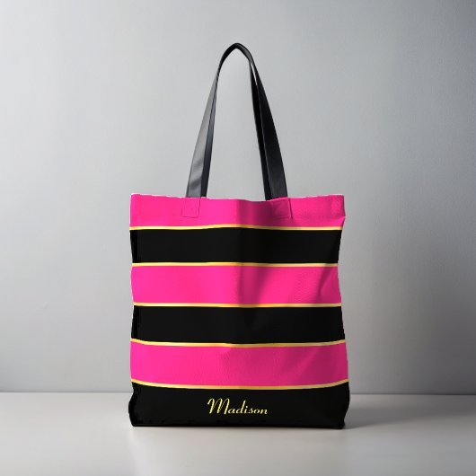 Chique Modern zwart roze strepen Patroon met naam Tote Bag