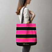 Chique Modern zwart roze strepen Patroon met naam Tote Bag