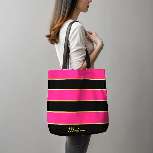 Chique Modern zwart roze strepen Patroon met naam Tote Bag