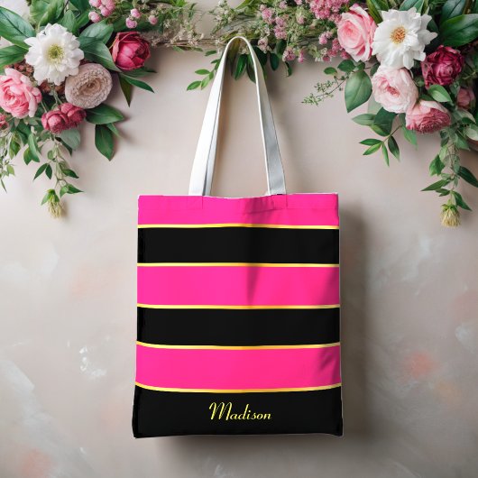 Chique Modern zwart roze strepen Patroon met naam Tote Bag