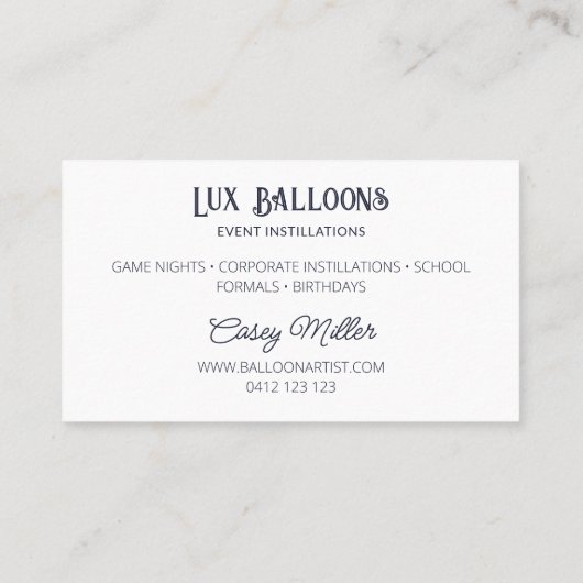Chique moderne ballon artiest marine blauw zilver visitekaartje (Achterkant)