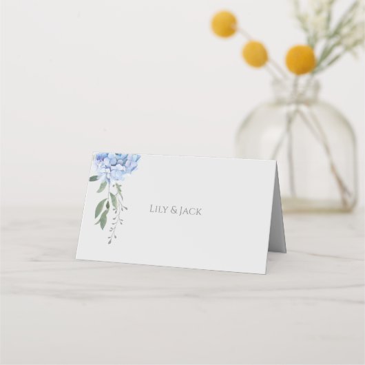 Chique moderne Blauwe Hydrangea Trouwtafel Plaatskaartje (Achterkant)