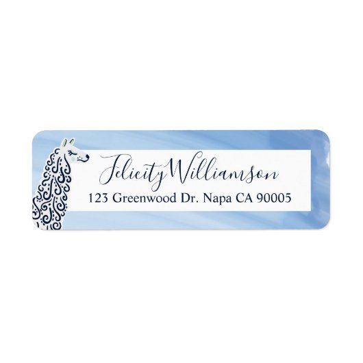 Chique, Moderne Blauwe Waterverf & Llama Illustrat Etiket (Voorkant)