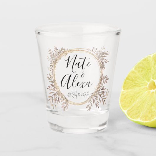 Chique moderne bloemenkrans bruiloft gepersonalise shot glas (Voorkant)