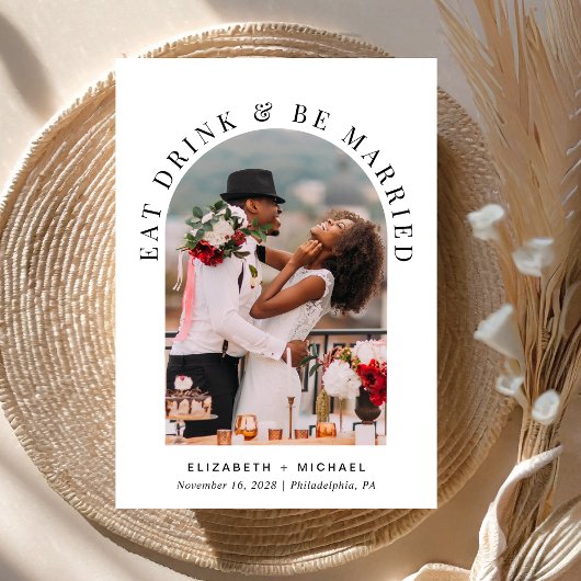 Chique moderne boog foto bruiloft receptie kaart