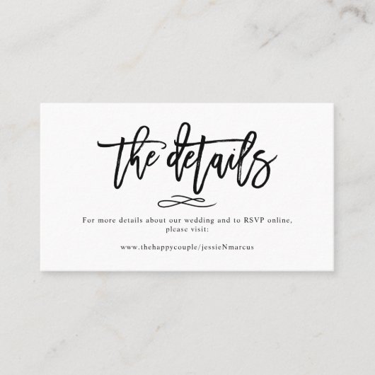 Chique+Moderne Brush Script Huwelijksdetails Visitekaartje (Voorkant)