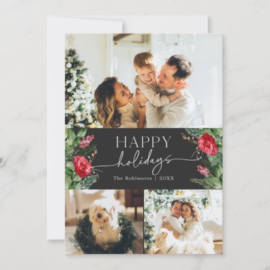 Chique Moderne Donkergrijze Winter Botanische 3 Fo Feestdagenkaart (Voorkant)