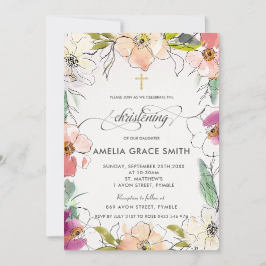 Chique Moderne Elegante Waterverf Bloem Doop Kaart (Voorkant)