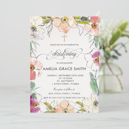 Chique Moderne Elegante Waterverf Bloem Doop Kaart (Staand voorkant)