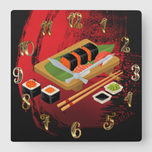 Chique moderne elegante zwarte en rode sushi vierkante klok